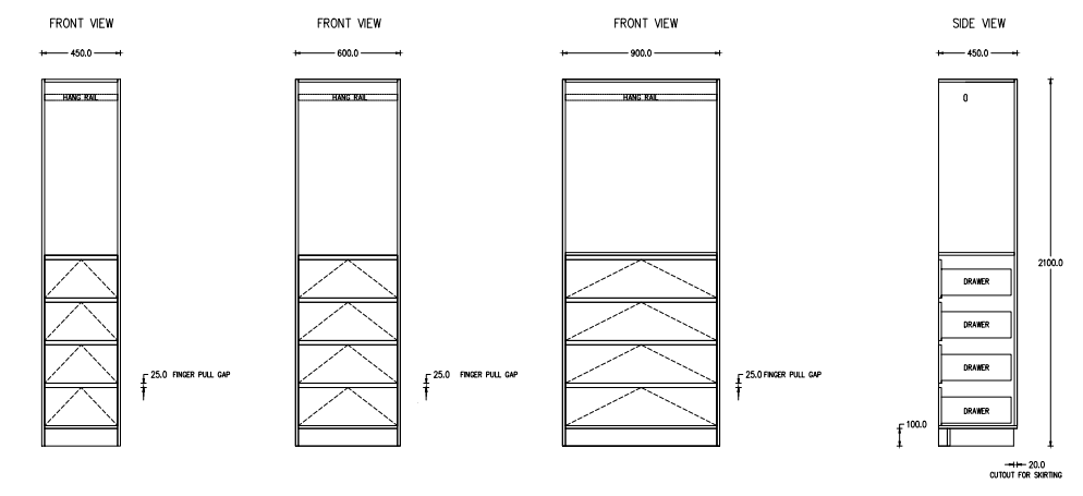 Modular 3 Wardrobe - Hang Rail with four Drawers